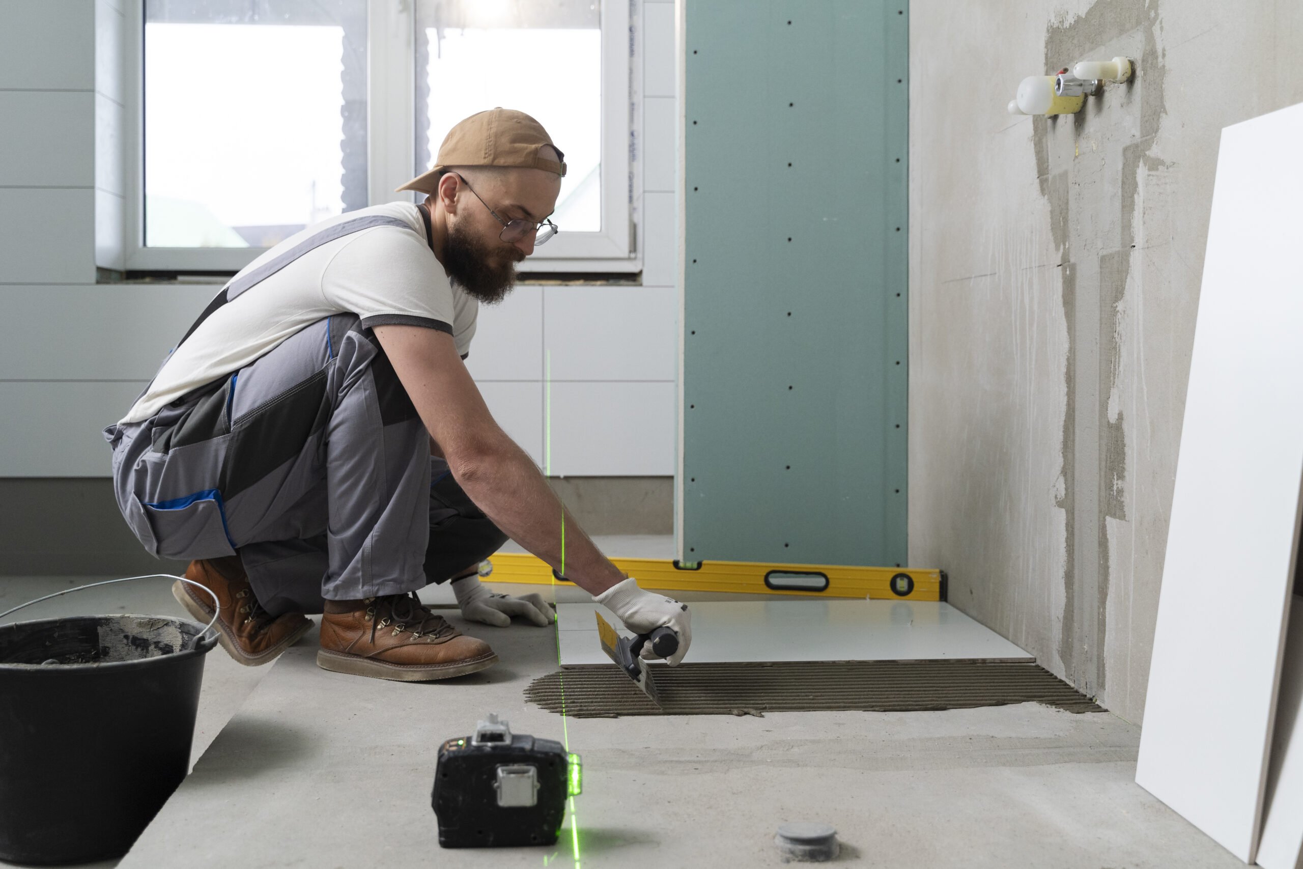 A handyman renovates a bathroom