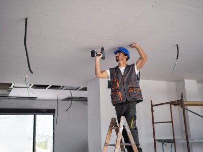 A handyman repairs the ceiling