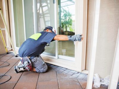 A handyman repairs a door frame
