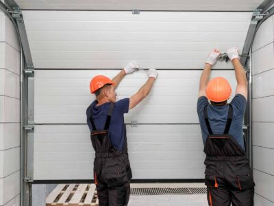 Handymen repair a garage door
