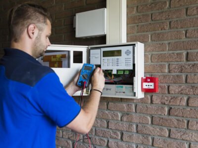 A handyman checks the sensors