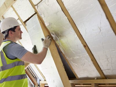 A worker installs insulation