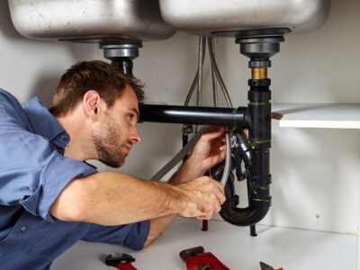 A plumber repairs a sink
