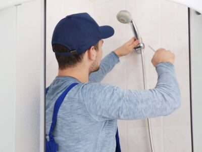 A handyman repairs a shower