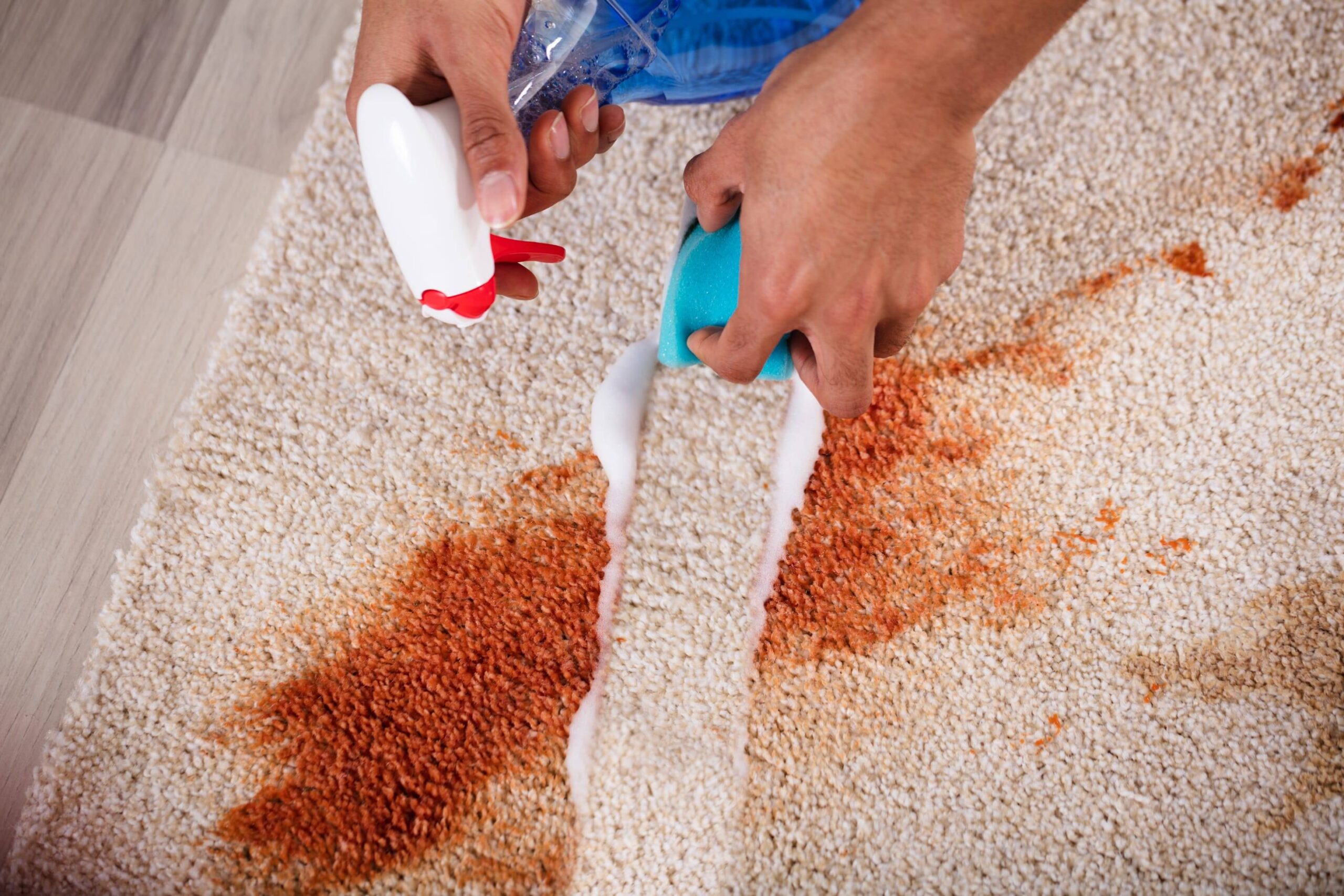 A man removes stains
