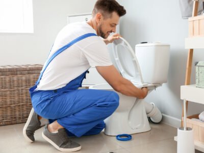 A plumber installs toilet in restroom