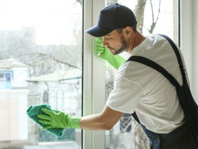 A handyman cleans windows
